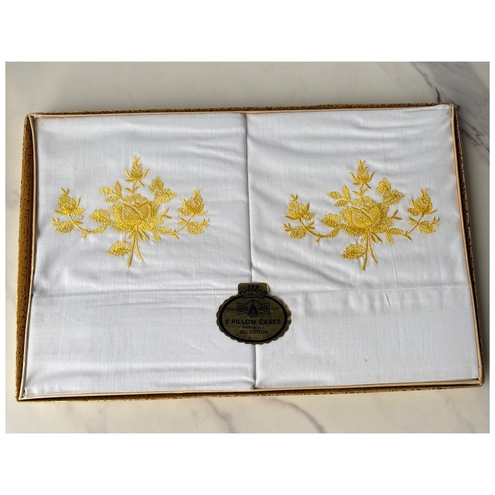 Vintage Royal Made Star-Lite Yellow Floral Embroidered Cotton Pillowcases Set 2